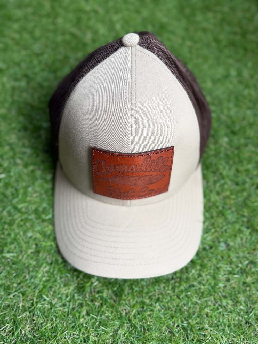 Armadillo Hat Co. Trucker Hat 104C Pro Model Tan Brown Leather Patch Snapback